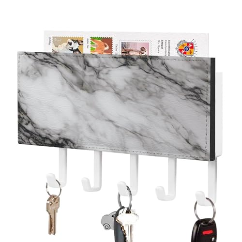 Jubonexis Luxuriöser Schlüsselhalter mit Marmorstruktur, Weiß / Schwarz, für die Wand, Post-Organizer, Wandhalterung mit 5 Haken, Acryl-Schlüsselbrett für Zuhause, Büro, Eingangsbereich von Jubonexis
