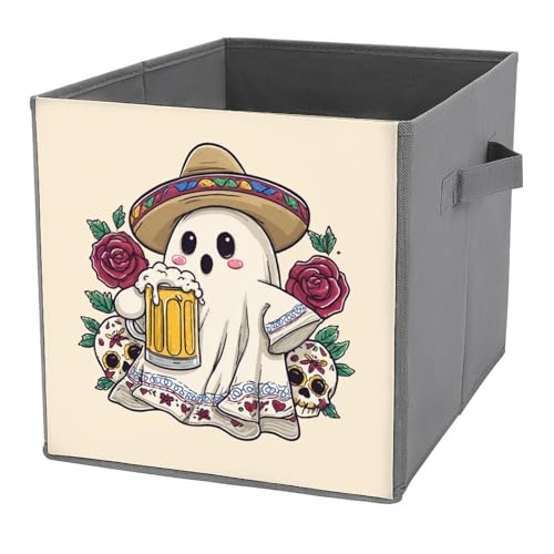 Jubonexis Mexikanischer weißer Geist hält Bierkrug Würfel, Aufbewahrungswürfel, Aufbewahrungswürfel, faltbare dekorative Stoff-Aufbewahrungskörbe, Heim-Organizer mit Griffen für Regale, Schrank, 27 x von Jubonexis