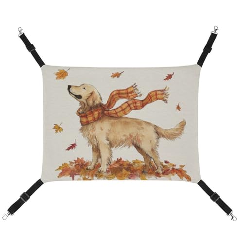 Jubonexis Orange Plaid Schal Golden Retriever Herbst Blätter Atmungsaktive Haustier Hängematte mit verstellbaren Riemen Reversible Katze Hängende Bett Hundematten von Jubonexis