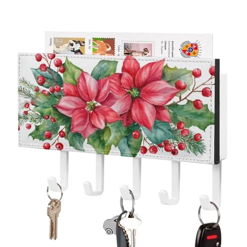 Jubonexis Rote Weihnachtsblumen, Stechpalme, Tannenzapfen, Schlüsselhalter für Wand, Post, Organizer, Wandhalterung mit 5 Haken, Acryl-Schlüsselbrett für Zuhause, Büro, Eingangsbereich Jubonexis Rote Weihnachtsblumen, Stechpalme, Tannenzapfen, Schlüsselhalter für Wand, Post, Organizer, Wandhalterung mit 5 Haken, Acryl-Schlüsselbrett für Zuhause, Büro, Eingangsbereich von Jubonexis