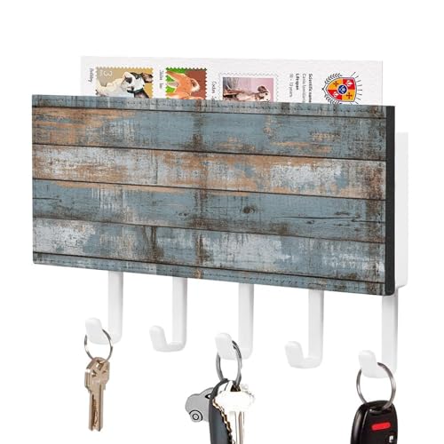 Jubonexis Rustikaler verwitterter horizontaler Holzschlüsselhalter für die Wand, Post-Organizer, Wandhalterung mit 5 Haken, Acryl-Schlüsselbrett für Zuhause, Büro, Eingangsbereich von Jubonexis