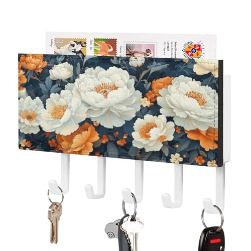 Jubonexis Schlüsselhalter mit Pfingstrosen, Chrysanthemen, Wandmontage, mit 5 Haken, Acryl-Schlüsselbrett für Zuhause, Büro, Eingangsbereich, Weiß und Orange von Jubonexis