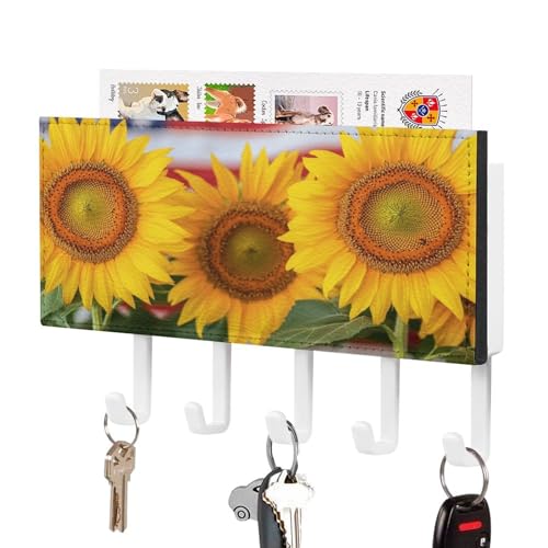 Jubonexis Schlüsselhalter mit amerikanischer Flagge mit Sonnenblumen, Wandmontage, mit 5 Haken, Acryl-Schlüsselbrett für Zuhause, Büro, Eingangsbereich von Jubonexis