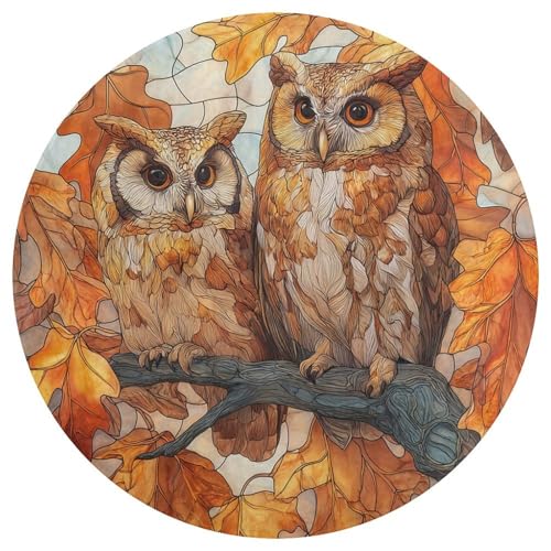 Jubonexis Teppich, Eulen auf Eichenzweig, Herbstblatt, groß, rund, modern, rutschfest, 90 cm von Jubonexis