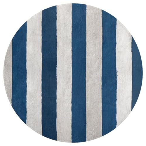 Jubonexis Teppich, groß, rund, rutschfest, 90 cm, Blau / Weiß gestreift von Jubonexis