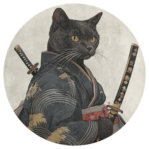 Jubonexis Teppich, japanische schwarze Katze und Waffe, groß, rund, modern, rutschfest, 90 cm von Jubonexis