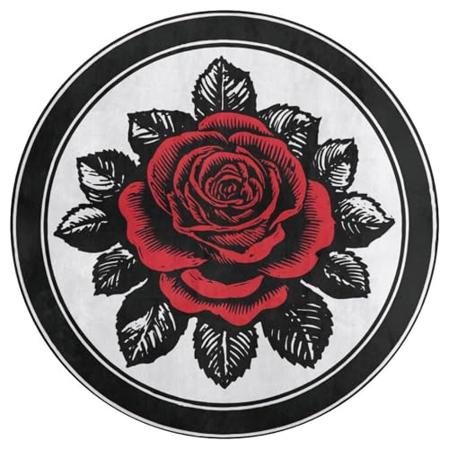 Jubonexis Teppich, rund, rund, modern, rutschfest, 90 cm, Schwarz mit roter Rose von Jubonexis