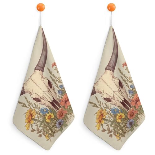 Jubonexis Vintage Western Kuh Schädel Wildblumen kleines Handtuch mit Aufhängeschlaufe 2 Stück saugfähig weiche Waschlappen für Küche Badezimmer von Jubonexis
