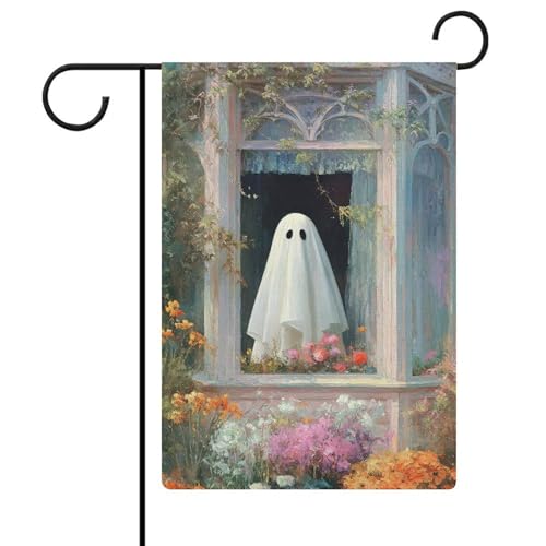 Niedliche Gartenflagge mit Geist in einem Fenster, Vintage-Stil, für Feiertage, Jute, doppelseitig, 30,5 x 45,7 cm von Jubonexis