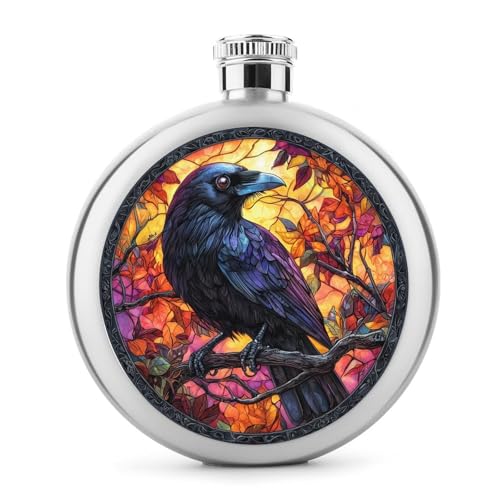 Raven Halloween Buntglas Edelstahl Flachmann für Likör, runde Tasche, tragbare Weinflasche für Getränke, 142 ml Raven Halloween Buntglas Edelstahl Flachmann für Likör, runde Tasche, tragbare Weinflasche für Getränke, 142 ml von Jubonexis