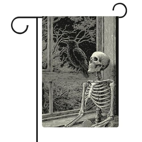 Skelett sitzendes Fenster mit Raben-Gartenflagge, saisonaler Urlaub, Jute, doppelseitig, 30,5 x 45,7 cm von Jubonexis