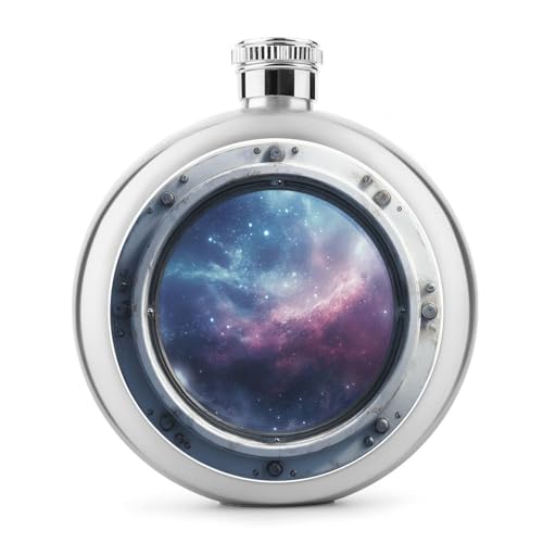 Space Planet Earth Raumschiff Fenster Edelstahl Flachmann für Likör, runde Tasche, tragbare Weinflasche für Getränke, 142 ml von Jubonexis