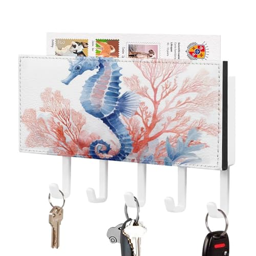 Wasserfarbenes, blaues Seepferdchen und Koralle, Schlüsselhalter für die Wand, Post-Organizer, Wandhalterung mit 5 Haken, Acryl-Schlüsselbrett für Zuhause, Büro, Eingangsbereich von Jubonexis