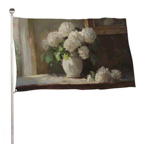 Weiße Hortensien in einer alten Vase, 90 x 150 cm, Gartenflaggen, Banner, Dekoration für Innenhof, Veranda, Rasen, Bauernhaus Weiße Hortensien in einer alten Vase, 90 x 150 cm, Gartenflaggen, Banner, Dekoration für Innenhof, Veranda, Rasen, Bauernhaus von Jubonexis