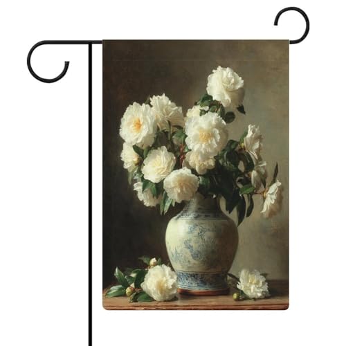 Weiße Kamelien in antiker Vase, Gartenflagge, saisonaler Urlaub, Jute, doppelseitig, 30,5 x 45,7 cm Weiße Kamelien in antiker Vase, Gartenflagge, saisonaler Urlaub, Jute, doppelseitig, 30,5 x 45,7 cm von Jubonexis