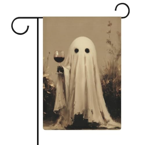 Weißes Blatt Geist mit Glas Rotwein, Gartenflagge, saisonale Feiertage, Jute, doppelseitig, Haus, Hof, Außenflaggen, 30,5 x 45,7 cm Weißes Blatt Geist mit Glas Rotwein, Gartenflagge, saisonale Feiertage, Jute, doppelseitig, Haus, Hof, Außenflaggen, 30,5 x 45,7 cm von Jubonexis