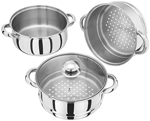 Judge Essentials Edelstahl Dampfgarer Topf, 3 Ebenen, Thermoboden & Ventilierter Glasdeckel, Ofenfester Gemüsedampfgarer mit Kühl Bleibenden Griffen - Energiesparend, Induktionsfähig – 20 cm von Judge