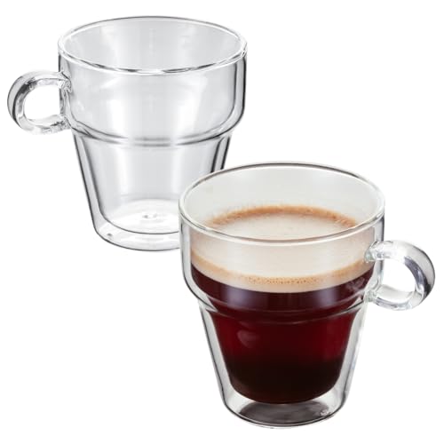 JUDGE Cappuccino Tassen aus Glas, 2 Doppelwandige Kaffeegläser mit Henkel - Vakuumisolierte Doppelwandige Gläser, Hitzebeständig, 200 ml Kaffee Gläser Set von JUDGE