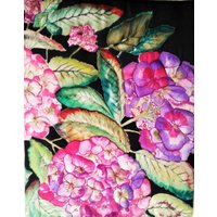 Einzigartige Gesteppt 3 Dimensional Seidenmalerei Von Hortensien in Orchidee, Lila, Pink, Petrol, Smaragdgrün von JudiStackArtwear