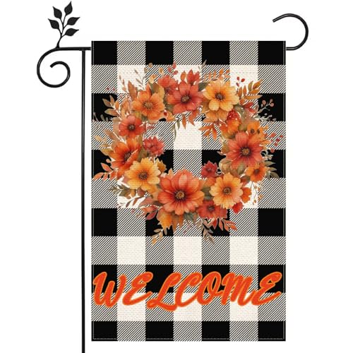 Hello Fall Welcome schwarz-weiß karierte Liebe Herz Ahornblätter Thanksgiving Gartenflagge 30,5 x 45,7 cm Home Outdoor Hofflagge Dekoration von Judishyish