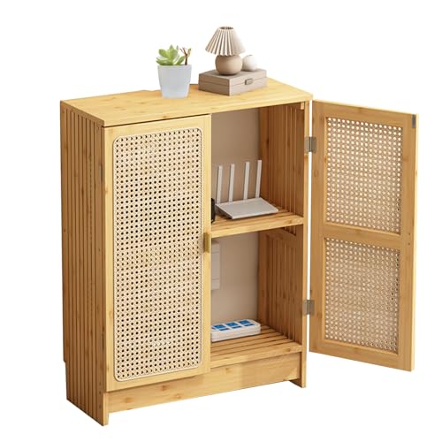 Jueraori Rattan Accent Floor Storage Cabinet mit Türen, Bambus WiFi Router Storage Box mit verstellbaren Regalen, Double Teir Modern Standing Cabinets für Bad Wohnzimmer Küche (Protokoll) von Jueraori