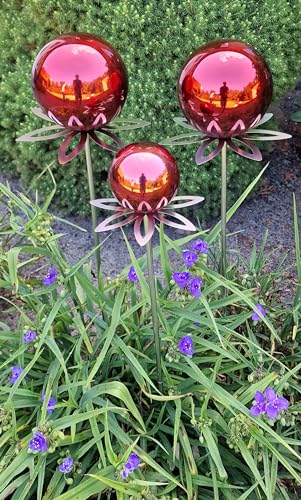 Jürgen Bocker Garten-Ambiente Blütenzauber Paris Rosenkugel 3er Set 15/15/10 cm Edelstahl Gartenstecker Deko mit Stab 80 cm (rot poliert) von Jürgen Bocker Garten-Ambiente