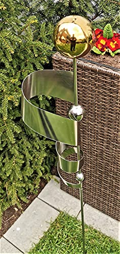 Jürgen Bocker Garten-Ambiente Gartenstecker Skulptur Kari 120 cm aus Edelstahl matt gebürstet mit obere Kugel Edelstahl Gold poliert von Jürgen Bocker Garten-Ambiente