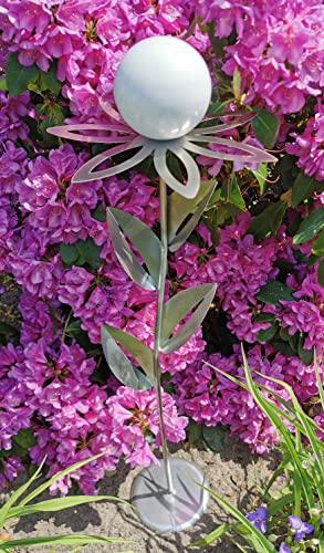 Skulptur Blume Paris Edelstahl matt gebürstet 77 cm mit Kugel in Edelstahl weiß mattund Standfuß Dekoration Garten von Jürgen Bocker Garten-Ambiente