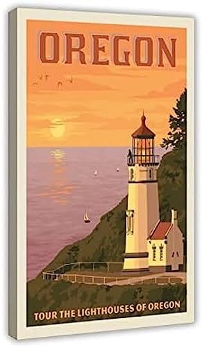 Oregon Coast Lighthouses Vintage-Leinwandposter, Wandkunst, Dekordruck, Bild, Gemälde für Wohnzimmer, Schlafzimmer, Dekoration, Oregon Coast Lighthouses, Vintage, Rahmen: 30 x 45 cm (12 x 18 von JuiShNen