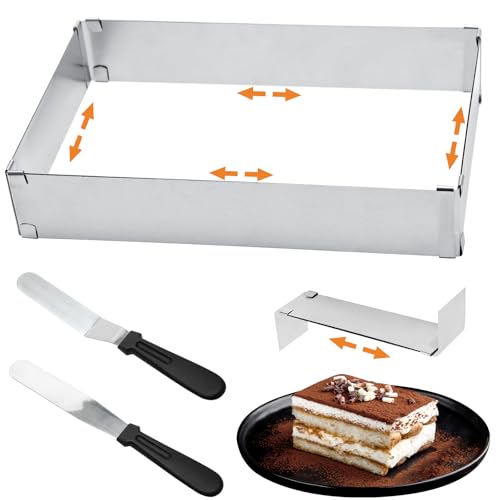 Juibao Backrahmen Rechteckig Verstellbar 5cm Hoch, Edelstahl Tortenring Eckig mit Teiler und Spatel, Backrahmen Kuchenform Eckig für Tiramisu, Schichttorten, Torten, Pizza von Juibao