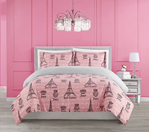 Juicy Couture - 3-teiliges Bettwäscheset, Juicy in Paris Bonjour Eiffelturm Design Bettdecke, Queen-Size, Set beinhaltet 1 Bettdecke und 2 Kissenbezüge, 100% Polyester, wendbar, Rosa, Schwarz und von Juicy Couture