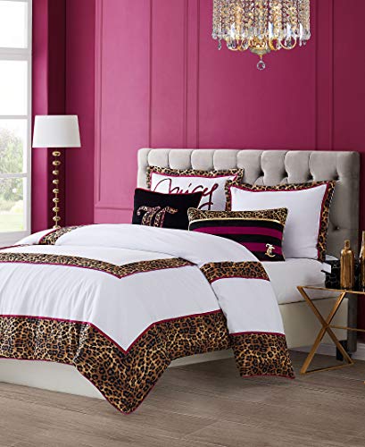 Juicy Couture Regent Leopard Bettwäsche-Set, Queen-Size-Größe, Geparden-Bordüre mit rosa und weißem Baumwollsatin, 3-teiliges Set, inklusive 1 228,6 x 233,7 cm, 2 Kissenbezüge von Juicy Couture