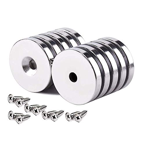JuLai Neodym-Scheiben-Senkkopf-Loch-Magnete, 20 x 3 mm, starke, permanente Seltenerd-Magnete mit 10 Schrauben zum Basteln, mit Löchern 5 mm, 10 Stück von Julai