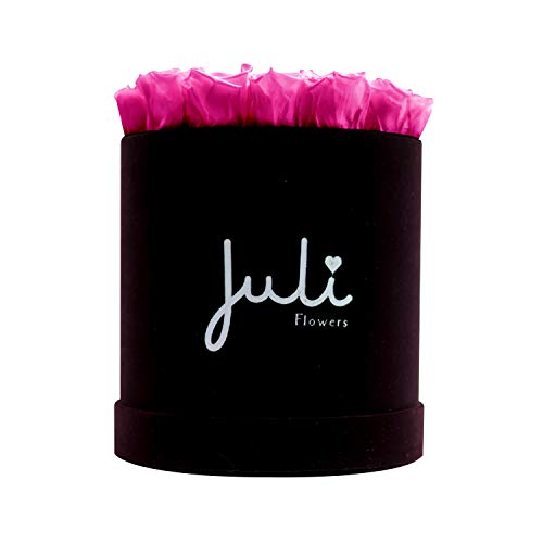 Juli Flowers Rund Rosenbox mit Infinity Rosen | Handgefertigte Flowerbox aus Deutschland in Small Velvet Dunkellila/Schwarz Rund (Pink - 18 Rosen) von Juli