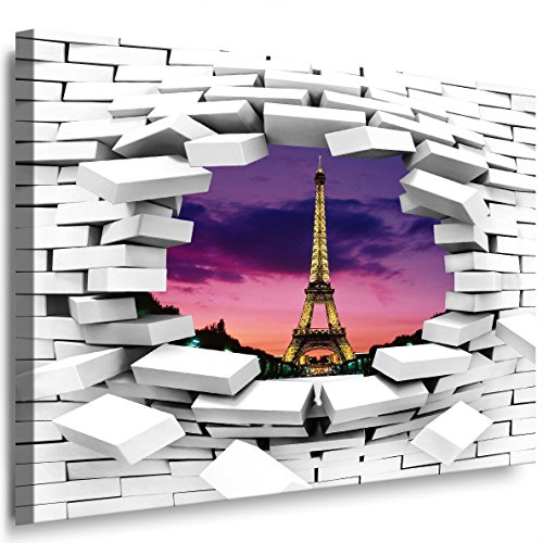 Julia-Art Bilder - Mauerloch 100 x 80 cm Leinwandbild XXL Wandbild Wanddeko modern Kunstdruck Eiffelturm Paris Pink 310wl5 von Julia-Art Leinwandbilder