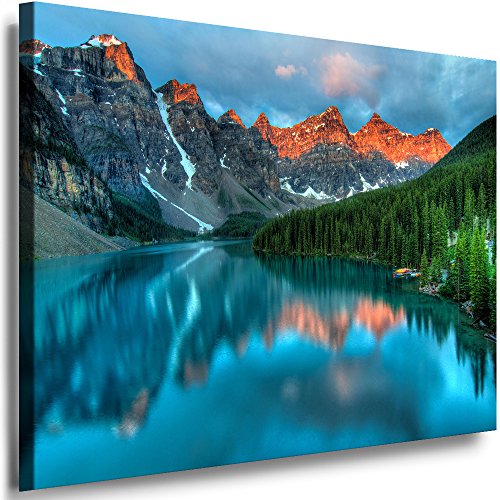 Julia-Art Leinwandbilder Landschaft Bild 100 x 70 x 2 cm - Wandbild 1 teilig - Wand Deko Modern Design Kunstdruck See Wald Berge HR73-5 von Julia-Art Leinwandbilder