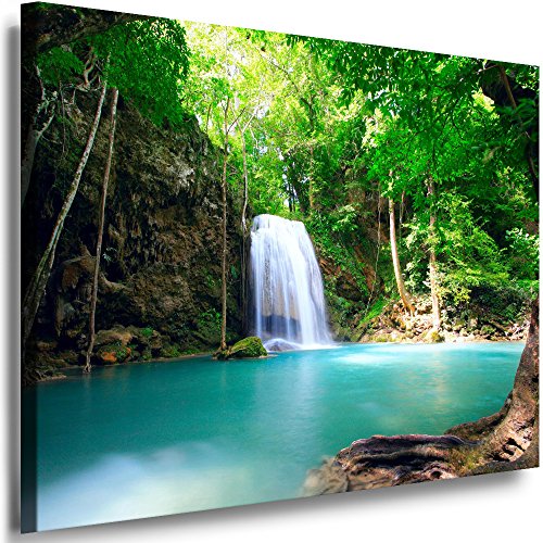 Julia-Art Leinwandbilder Landschaft Bild 100 x 70 x 2 cm - Wandbild 1 teilig - Wand Deko Modern Design Kunstdruck Wald Wasserfall HR88-5 von Julia-Art Leinwandbilder