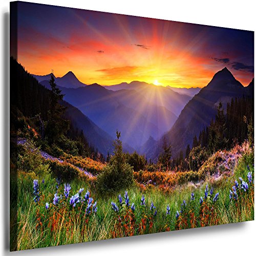 Julia-Art Leinwandbilder Landschaft Bild 120 x 80 x 2 cm - Wandbild 1 teilig - Wand Deko Modern Design Kunstdruck Berge Sonnenblick HR70-6 von Julia-Art Leinwandbilder