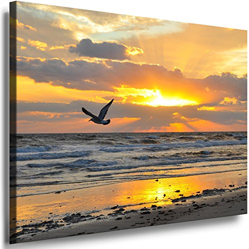 Julia-Art Leinwandbilder Landschaft Bild 150 x 100 x 2 cm - Wandbild 1 teilig - Wand Deko Modern Design Kunstdruck Meer Möwe HR10-7 von Julia-Art Leinwandbilder