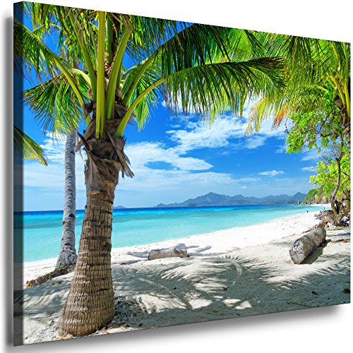 Julia-Art Leinwandbilder Landschaft Bild 150 x 100 x 2 cm - Wandbild 1 teilig - Wand Deko Modern Design Kunstdruck Palmen Strand Meer HR77-7 von Julia-Art Leinwandbilder