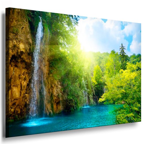 Julia-Art Leinwandbilder Landschaft Bild 150 x 100 x 2 cm - Wandbild 1 teilig - Wand Deko Modern Design Kunstdruck Wasserfall Wald HR47-7 von Julia-Art Leinwandbilder