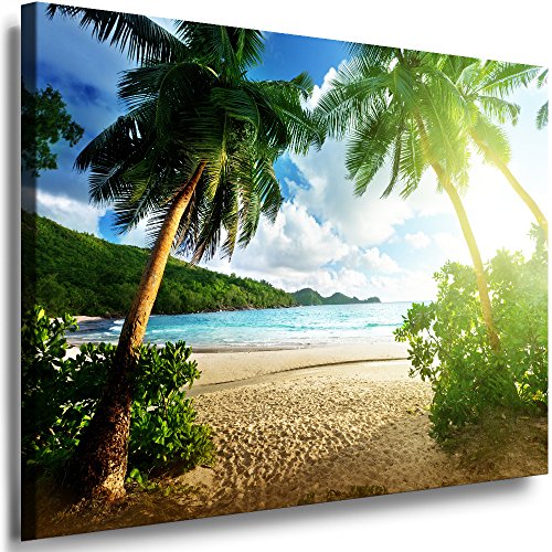 Julia-Art Leinwandbilder Landschaft Bild 40 x 30 x 2 cm - Wandbild 1 teilig - Wand Deko Modern Design Kunstdruck Palme Strand Meer HR42-1 von Julia-Art Leinwandbilder