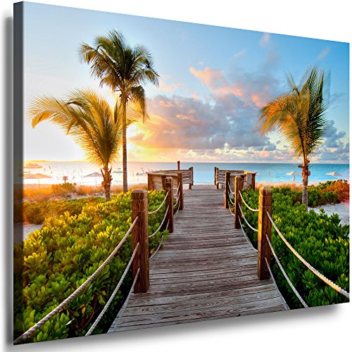 Julia-Art Leinwandbilder Landschaft Bild 60 x 40 x 2 cm - Wandbild 1 teilig - Wand Deko Modern Design Kunstdruck Meer Palmen Steg HR85-2 von Julia-Art Leinwandbilder