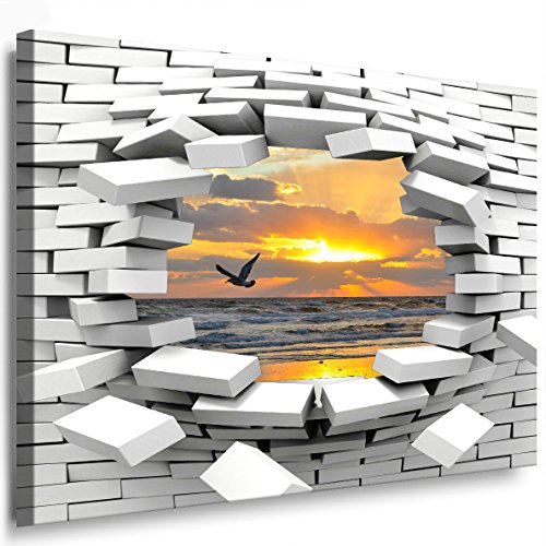 Julia-Art Leinwandbilder - Möwe Meer Strand Bild 1 teilig - 120 mal 80 cm Leinwand auf Rahmen - sofort aufhängbar Wandbild XXL - Kunstdrucke QN131-6 von Julia-Art Leinwandbilder