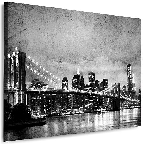 Julia-Art Leinwandbilder Skyline - New York Bilder - XXL Wandbild mit Keilrahmen - 120 mal 80 cm - Querformat 1 teilig - Schwarz Weiß Kunstdrucke Stadt NY City Statue, Brücke N-c-100-a-27 von Julia-Art Leinwandbilder