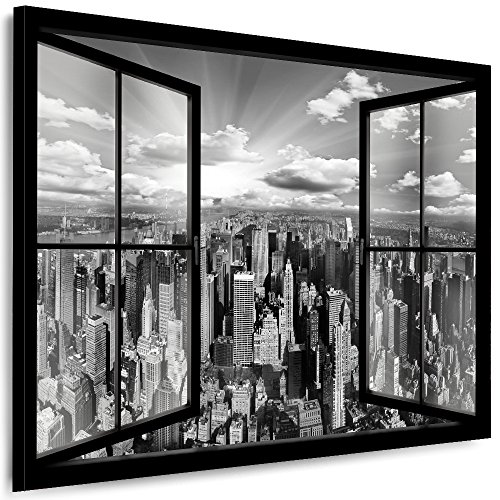 Julia-Art Leinwandbilder Skyline - New York Bilder - XXL Wandbild mit Keilrahmen - 80 mal 60 cm - Querformat 1 teilig Kunstdrucke Stadt NY City Statue, Brücke Fensterblick N-c-100-a-4 von Julia-Art Leinwandbilder