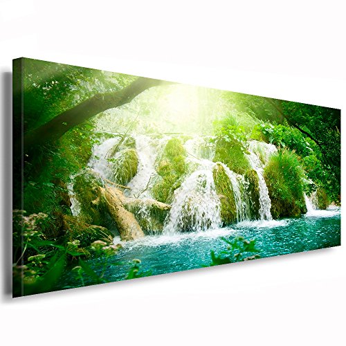 Julia-Art Leinwandbilder - Wasserfall Wald Grün Panorama - 80 mal 30 cm Leinwand auf Rahmen - sofort aufhängbar Wandbild XXL - Kunstdrucke QN145-2 von Julia-Art Leinwandbilder
