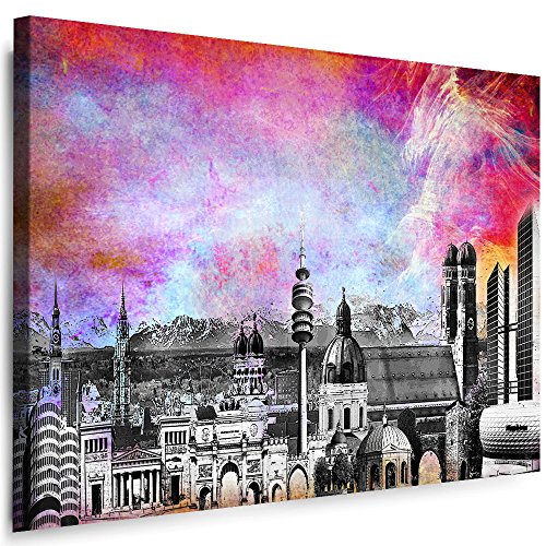 München Wandbild - 120 x 80 cm Querformat Bild - Leinwand mit Rahmen (Leinwandbild) Städte Kunstdrucke Skyline, Turm, Brücke Wanddeko St-01-34 von Julia-Art Leinwandbilder