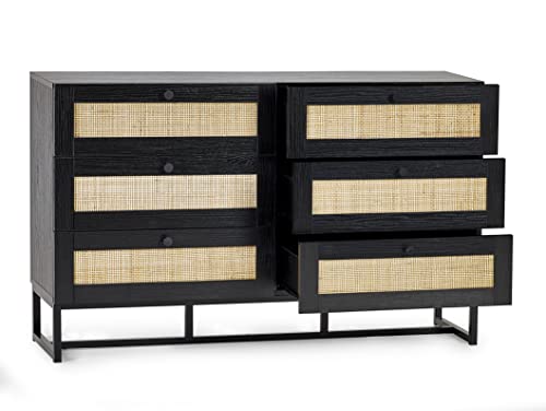 Julian Bowen Padstow Kommode mit 6 Schubladen, Schwarz, Melamin mit Rattanfront und Metallsockel, 6 Drawer von Julian Bowen