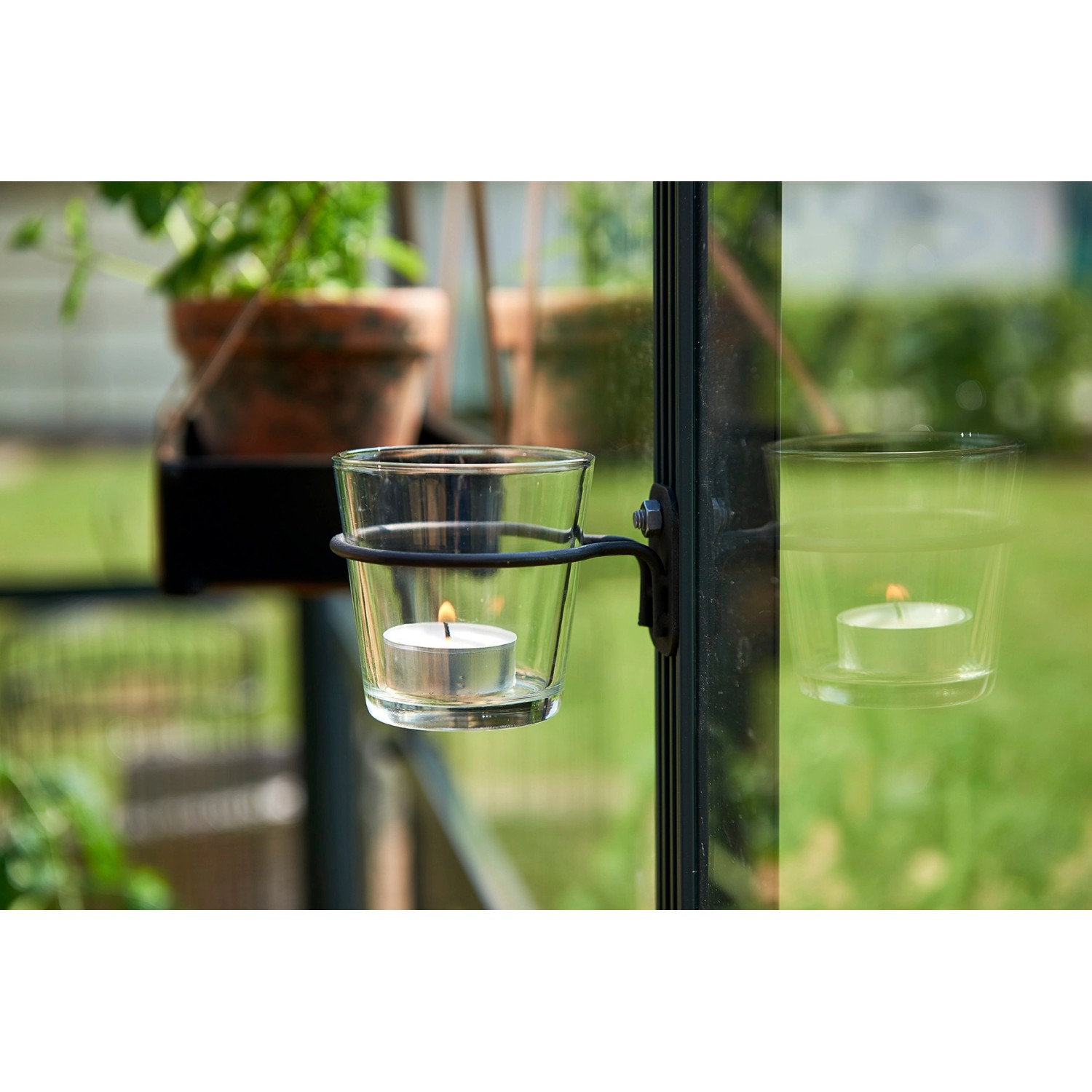 Juliana Teelichthalter für die Montage an Gewächshausprofilen Schwarz mit Glas von Juliana